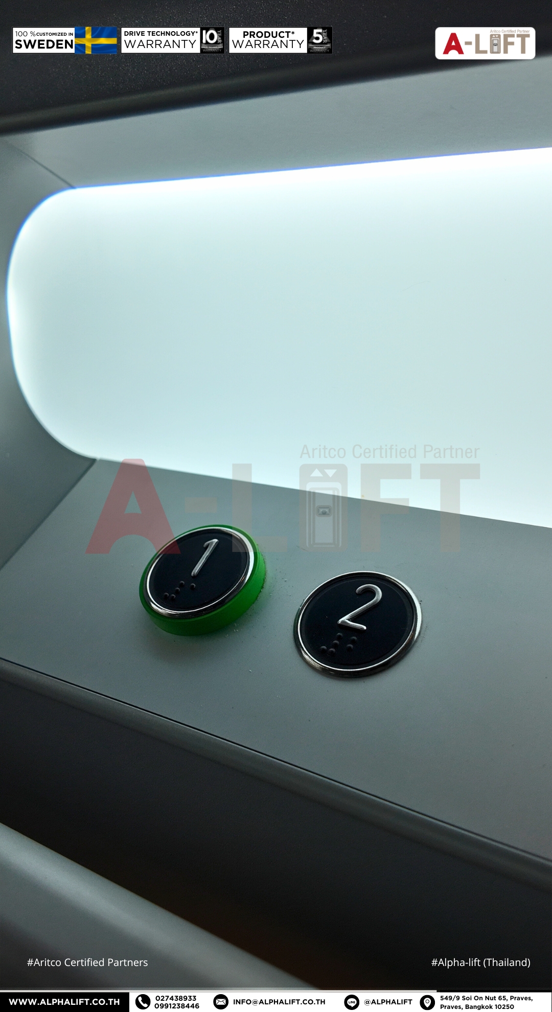 ปุ่มเลือกชั้นพร้อมวงแหวนสีเขียวในลิฟต์ Aritco PublicLift Access