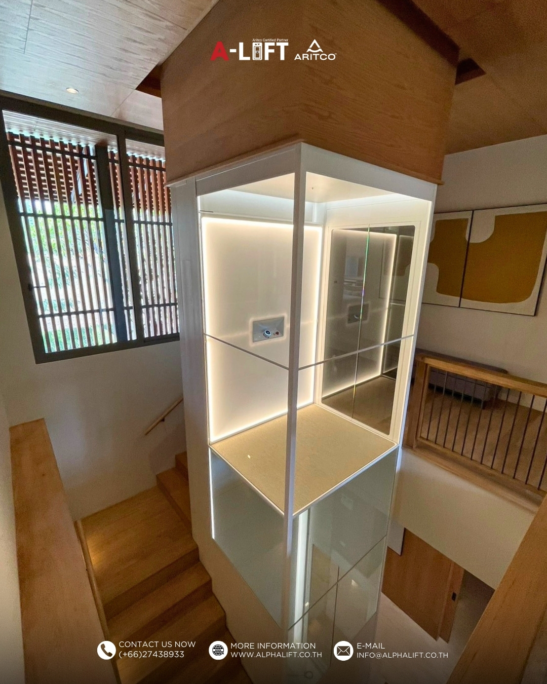 ลิฟต์บ้าน Aritco HomeLift S15 ระบบสกรู ติดตั้งเสร็จสมบูรณ์ภายในบ้าน 2 ชั้น ในโครงการบ้านพักตากอากาศระดับไฮเอนด์ เขาใหญ่