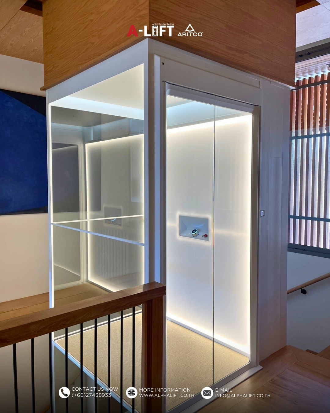 ห้องโดยสารลิฟต์บ้าน Aritco HomeLift S15 ระบบสกรู ดีไซน์กระจกโปร่ง แสงไฟอบอุ่น ออกแบบมาเพื่อการใช้งานภายในบ้านพักอาศัย