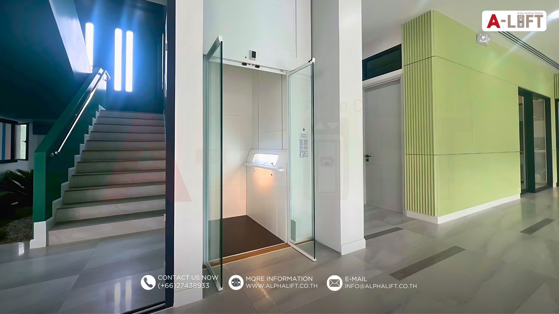 ลิฟต์สำหรับผู้บริหาร ARITCO HomeLift Access ติดตั้งในอาคารสำนักงาน 3 ชั้น ดีไซน์เรียบหรู ใช้งานสะดวกและปลอดภัย