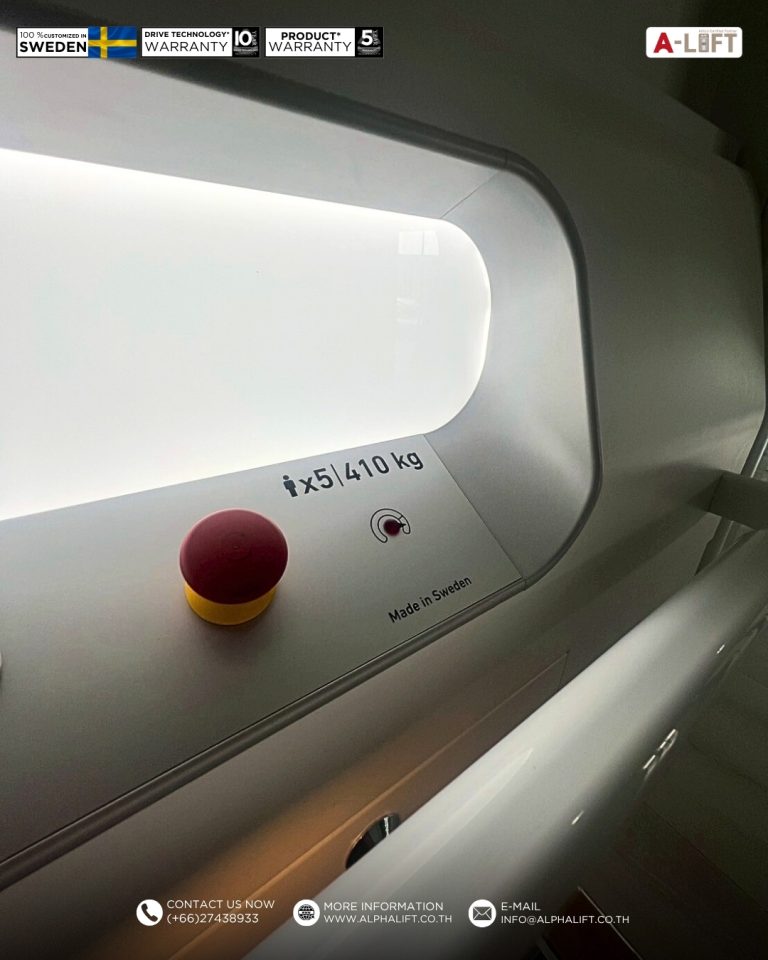 แผงควบคุมลิฟต์บ้าน Aritco HomeLift Access พร้อมปุ่มหยุดฉุกเฉิน แสดงข้อความ Made in Sweden และระบบพิกัดน้ำหนักโดยสาร