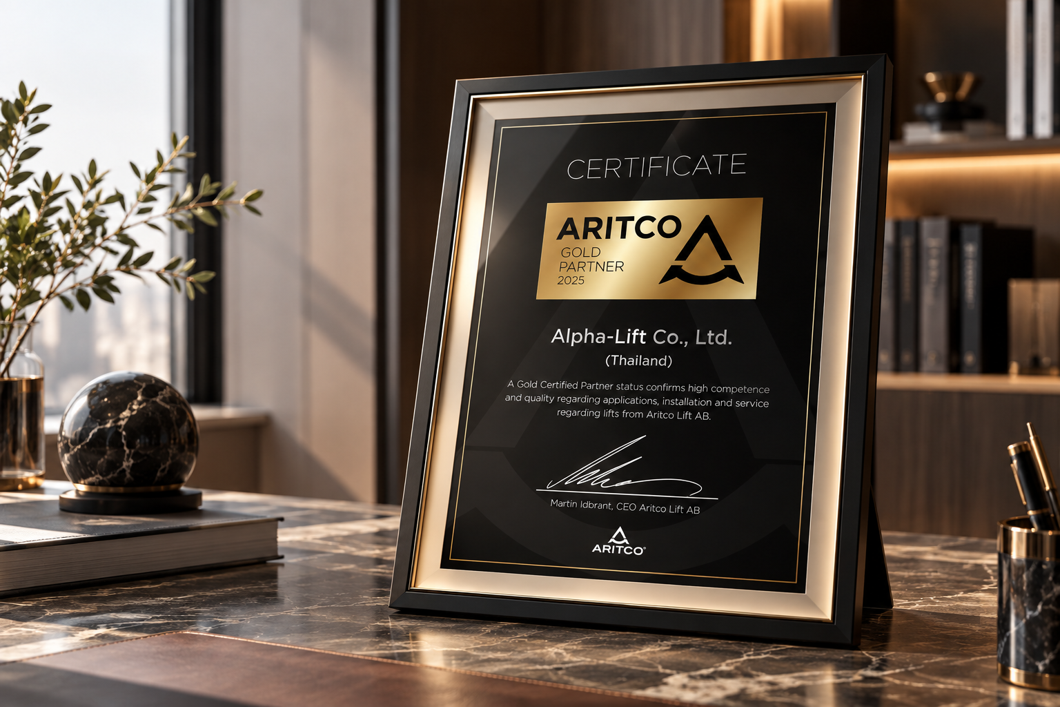 ใบรับรอง Aritco Gold Partner 2025 ของ บริษัท แอลฟา-ลิฟต์ (ประเทศไทย) ตัวแทนจำหน่าย Aritco Certified Partner ในประเทศไทย