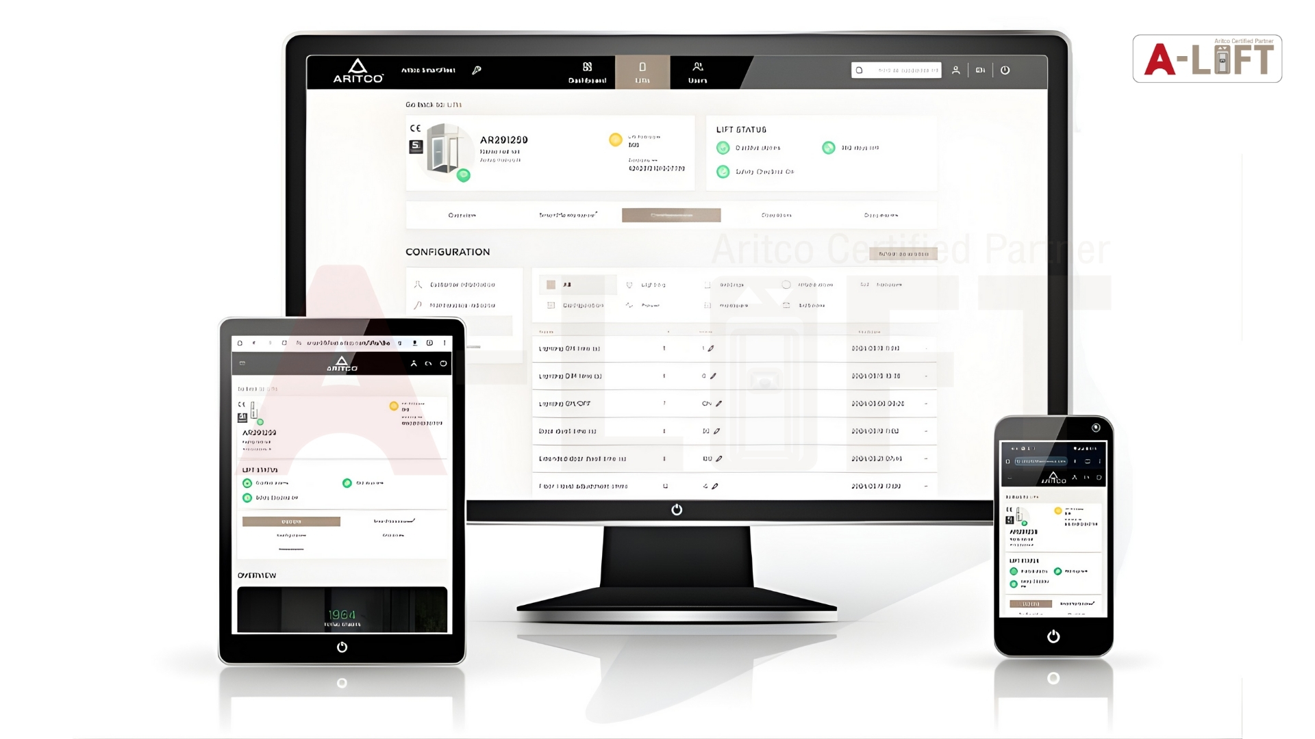 ระบบ Aritco SmartFleet แสดงแดชบอร์ดการตรวจสอบลิฟต์แบบเรียลไทม์ผ่านคอมพิวเตอร์และสมาร์ตโฟน ช่วยติดตามสถานะ การแจ้งเตือน และการบำรุงรักษาลิฟต์ Aritco จากระยะไกล