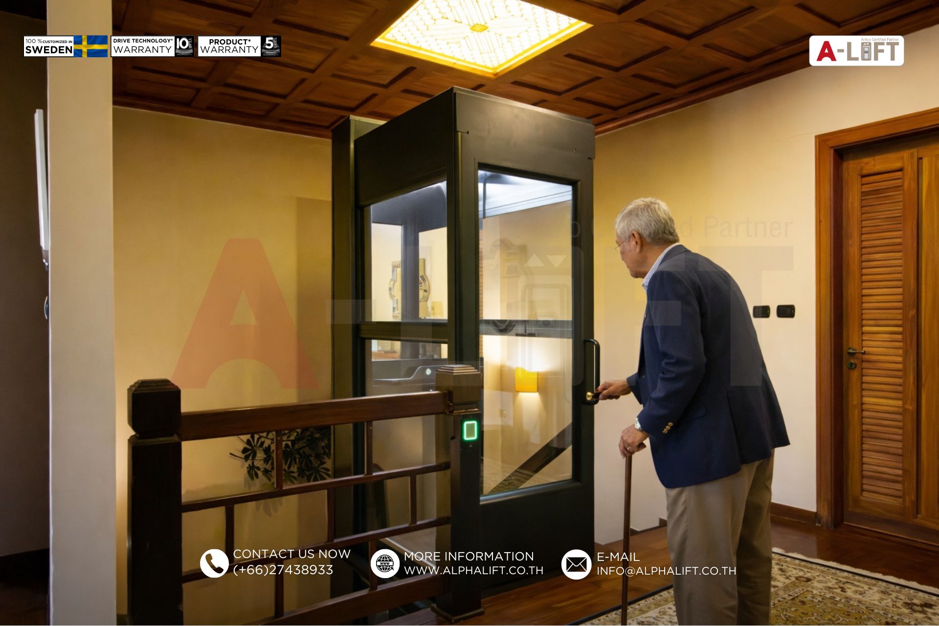 ลิฟต์บ้านสำหรับผู้สูงอายุ ติดตั้งภายในบ้านสองชั้น ช่วยให้ขึ้นลงระหว่างชั้นได้สะดวกและปลอดภัย
