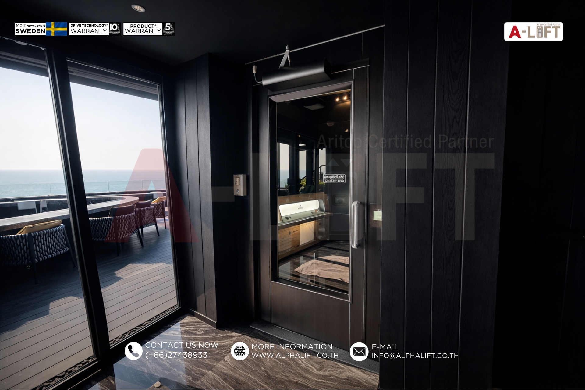 ลิฟต์ Aritco PublicLift Access ติดตั้งในร้านอาหารหรูของโรงแรมย่านพัทยา ชลบุรี โดย Alpha Lift