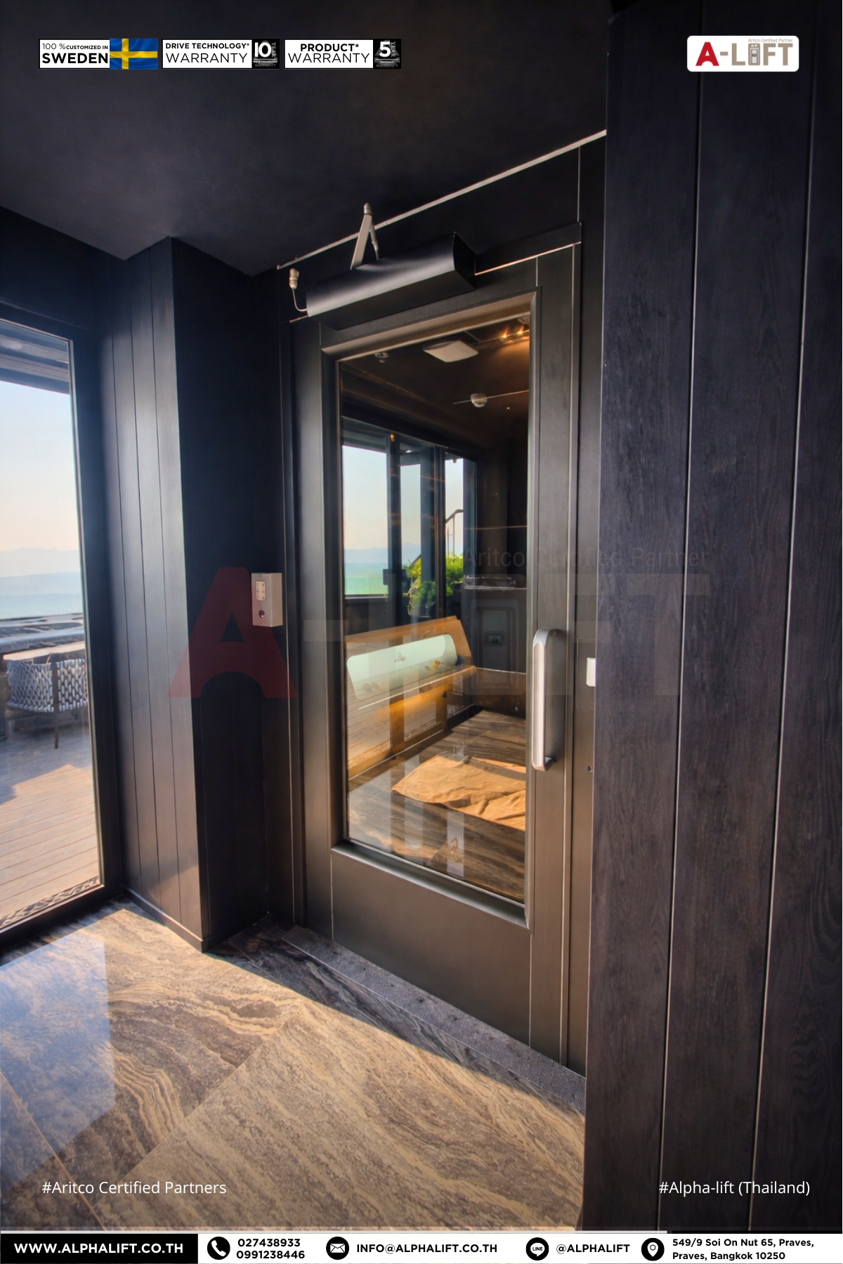 ลิฟต์ Aritco ติดตั้งในร้านอาหารหรูที่พัทยา ชลบุรี โดย แอลฟา-ลิฟต์ (ประเทศไทย)