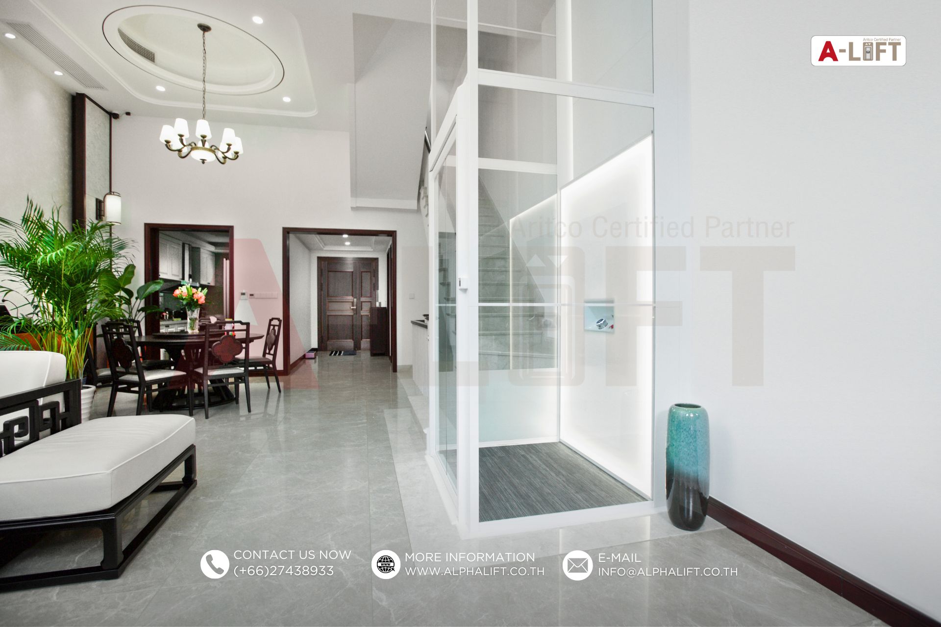 ลิฟต์บ้าน Aritco HomeLift ติดตั้งชิดผนังภายในบ้านสไตล์โมเดิร์น