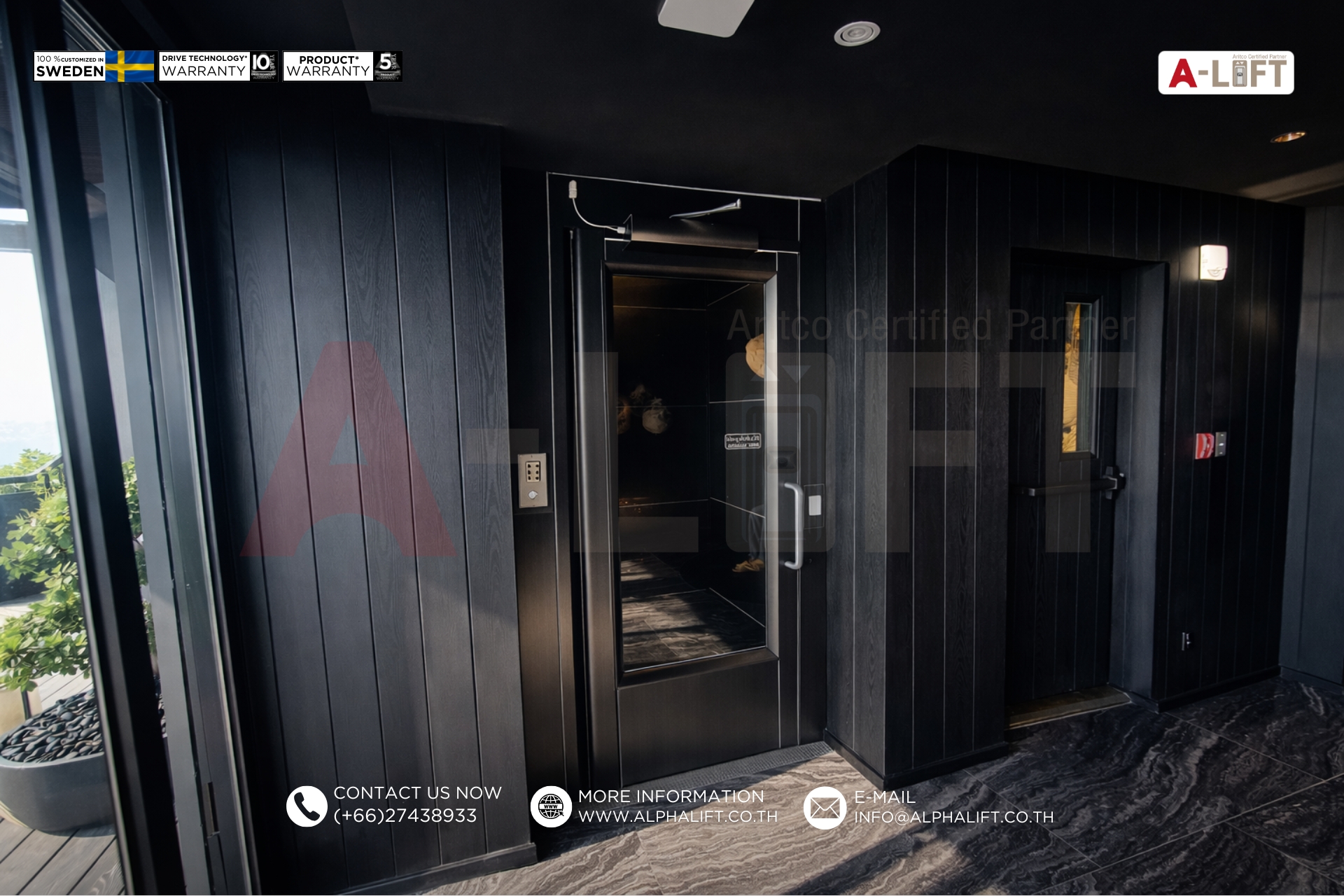 ลิฟต์ Aritco PublicLift Access พร้อมระบบสกรูของ Aritco ติดตั้งโดย แอลฟา-ลิฟต์ ในร้านอาหารหรูย่านพัทยา ชลบุรี