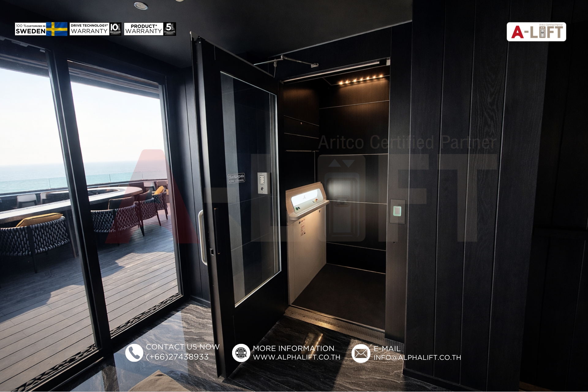 ลิฟต์ Aritco พร้อมประตูเปิดปิดอัตโนมัติในร้านอาหารของโรงแรมหรู พัทยา ชลบุรี