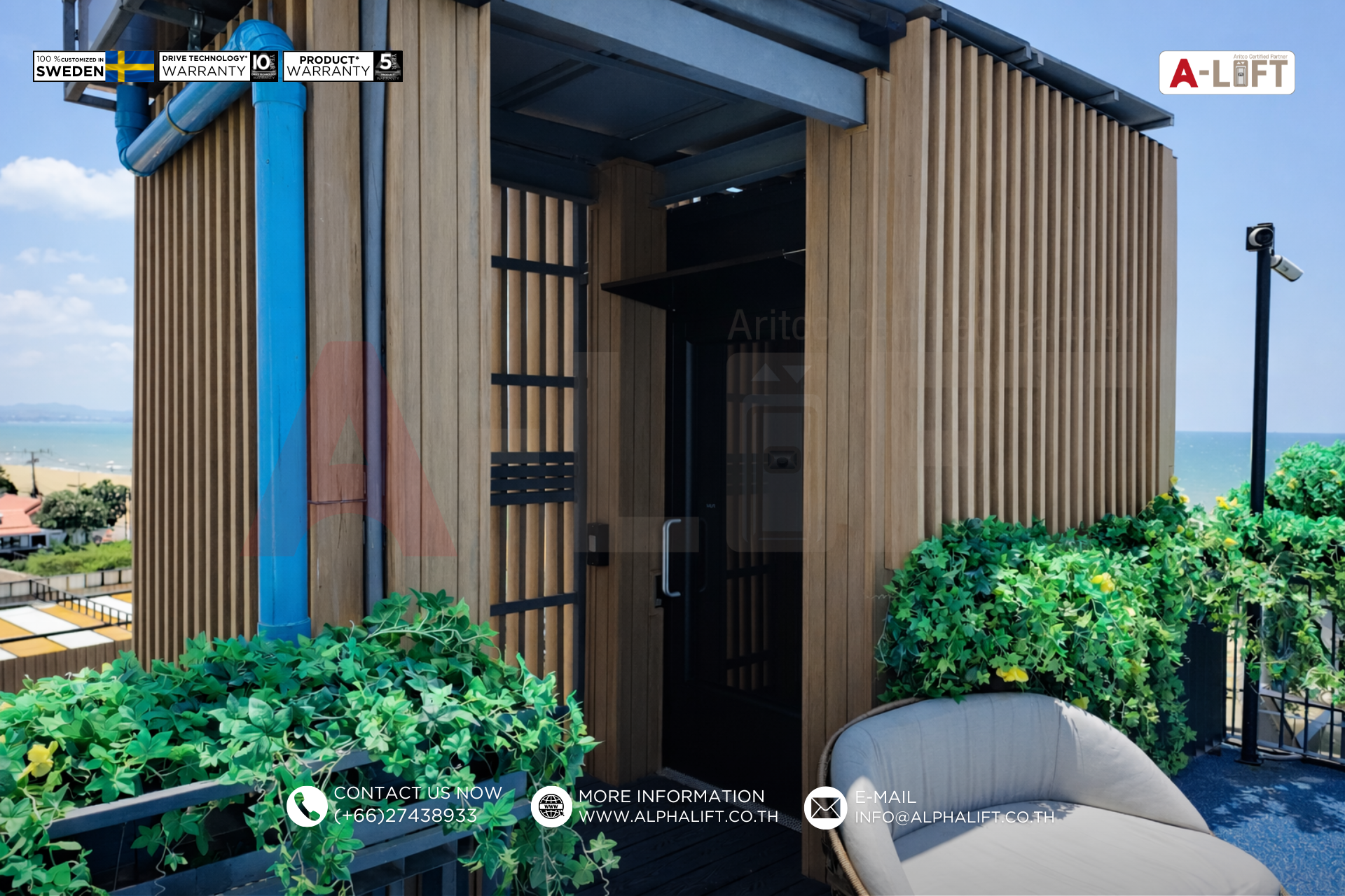 Aritco PublicLift Access ลิฟต์ติดตั้งภายนอกอาคาร พร้อมประตูลิฟต์ดีไซน์สวย สำหรับโรงแรมหรู จอมเทียน พัทยา