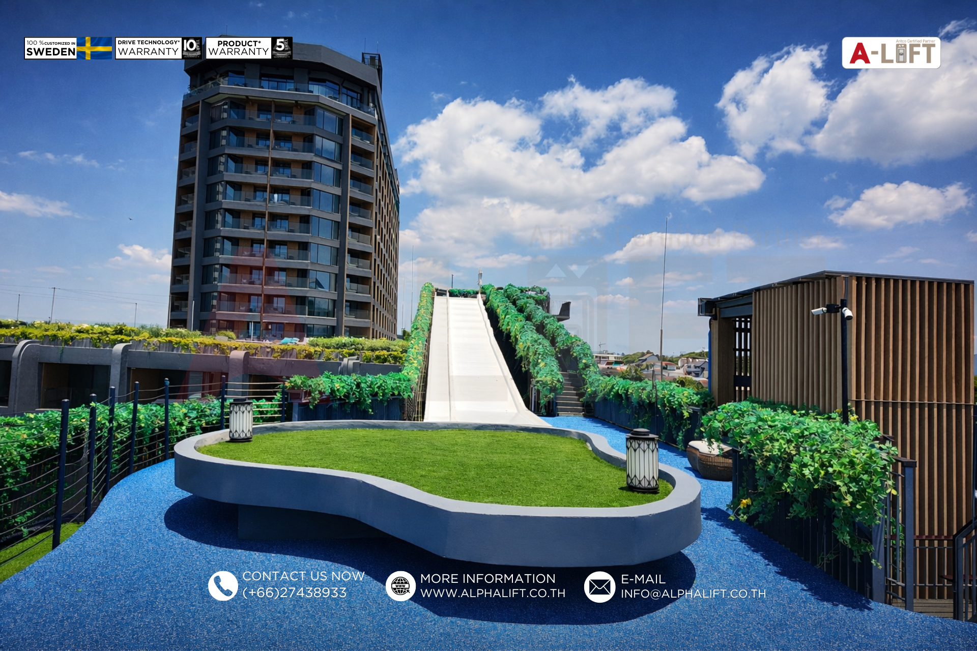 Aritco PublicLift Access ลิฟต์ภายนอกอาคารบริเวณชั้นบนสุด เชื่อมต่อโซนสไลเดอร์และสวนน้ำของโรงแรม จอมเทียน พัทยา