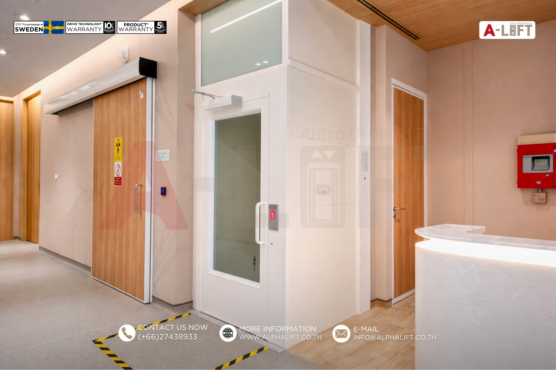 ลิฟต์แพลตฟอร์มสาธารณะ Aritco PublicLift Access ติดตั้งภายในอาคารศูนย์การแพทย์ เชื่อมต่อพื้นที่ชั้น 6 ถึงชั้น 7