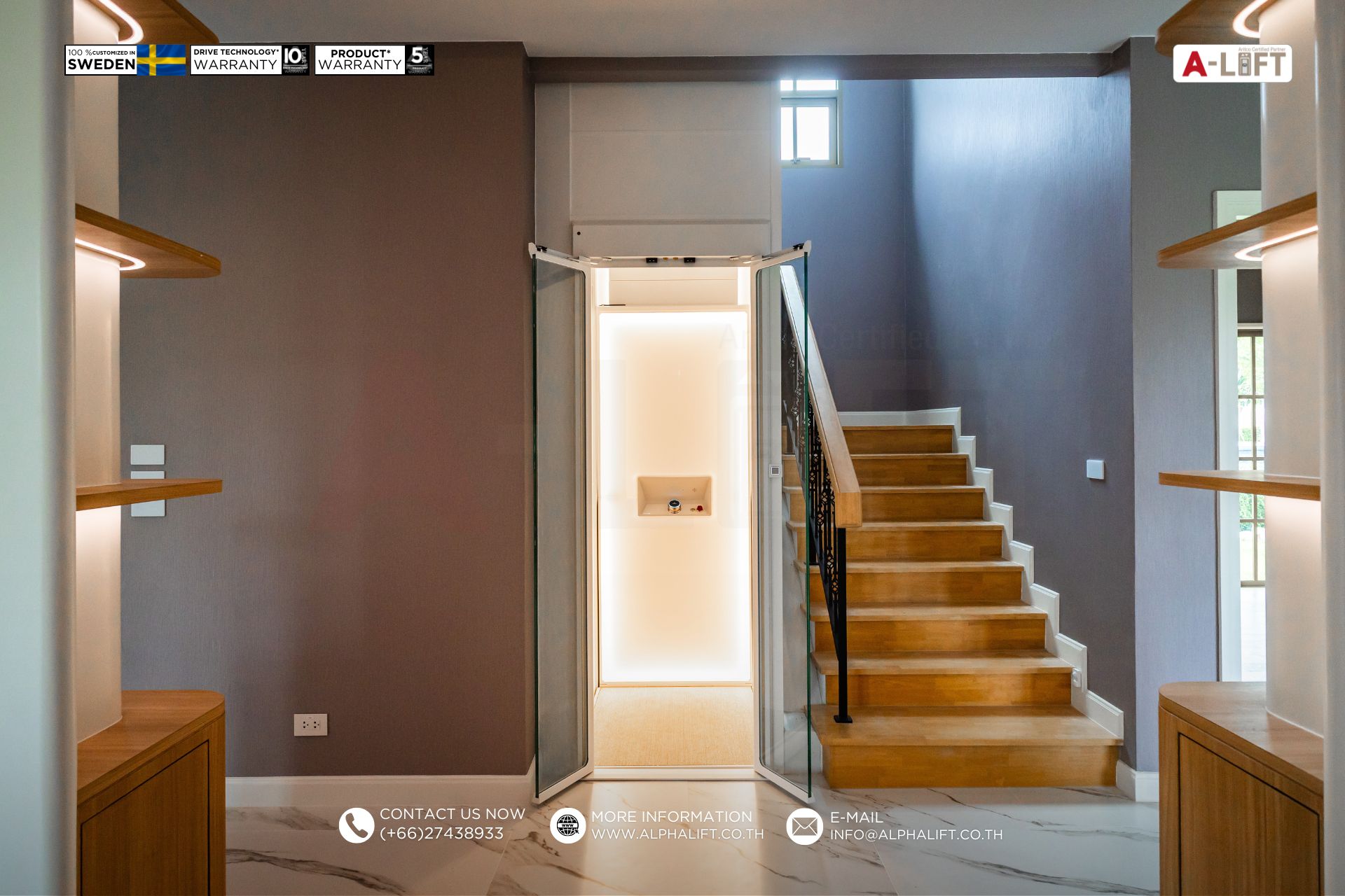 ลิฟต์บ้านหรู Aritco HomeLift S8 สำหรับบ้าน 2 ชั้น จากสวีเดน ติดตั้งโดย Alpha-Lift Thailand